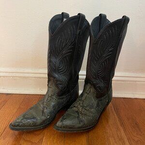 Vintage Code West Dan Post green snakeskin and leather cowboy boots